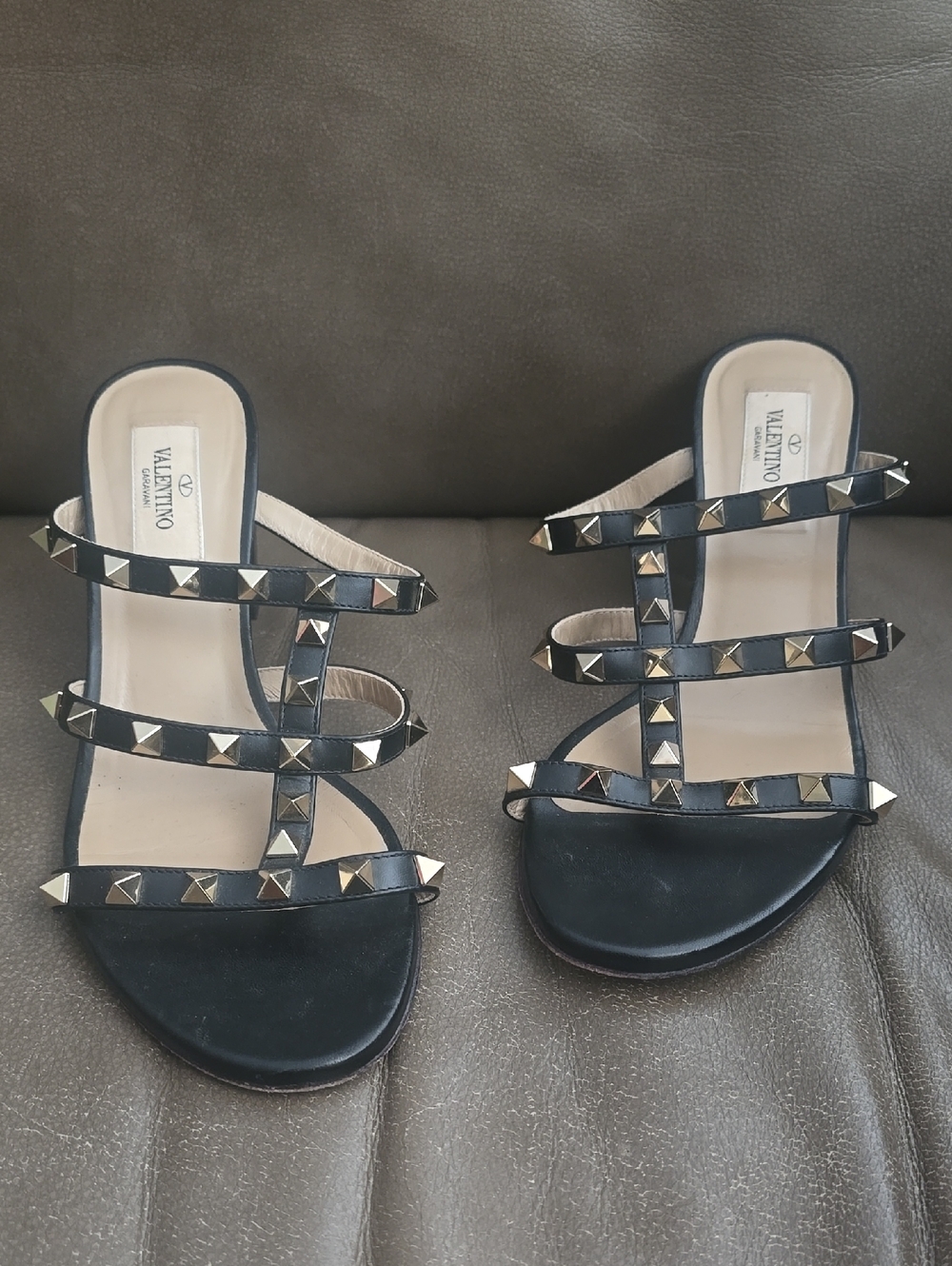 Valentino Black Leather Rockstud Triple-Strap Slide Sandals